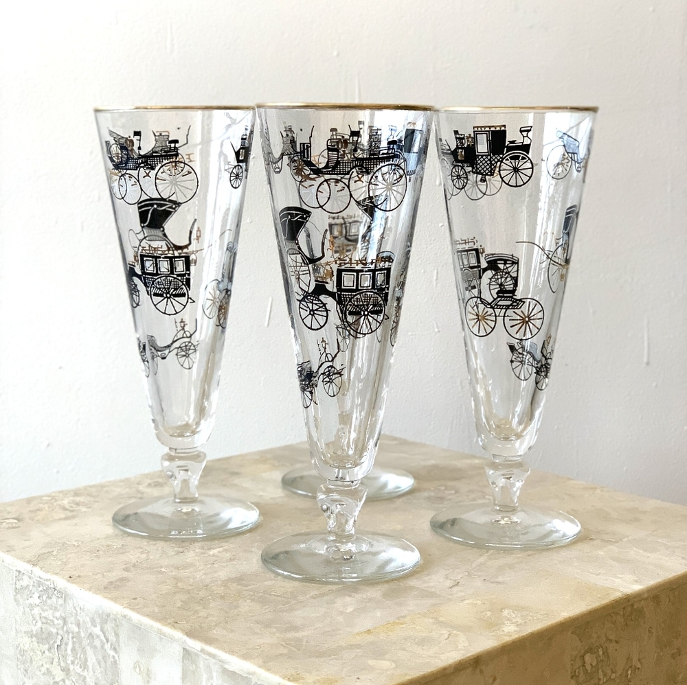Vintage MCM Libbey Antique Stagecoach Pilsner Glasses Set of 8
